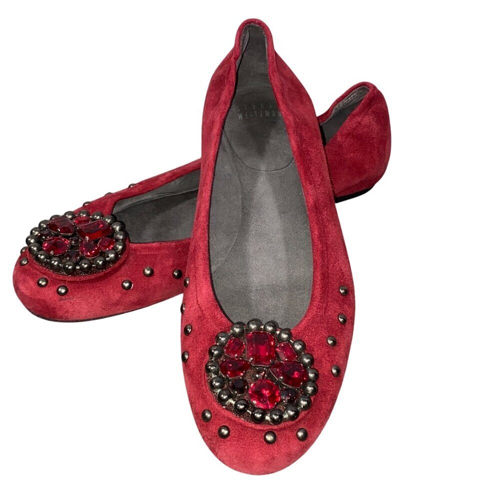 Stuart Weitzman Red Jewel Embellished studded Suede Flats Size 8 M